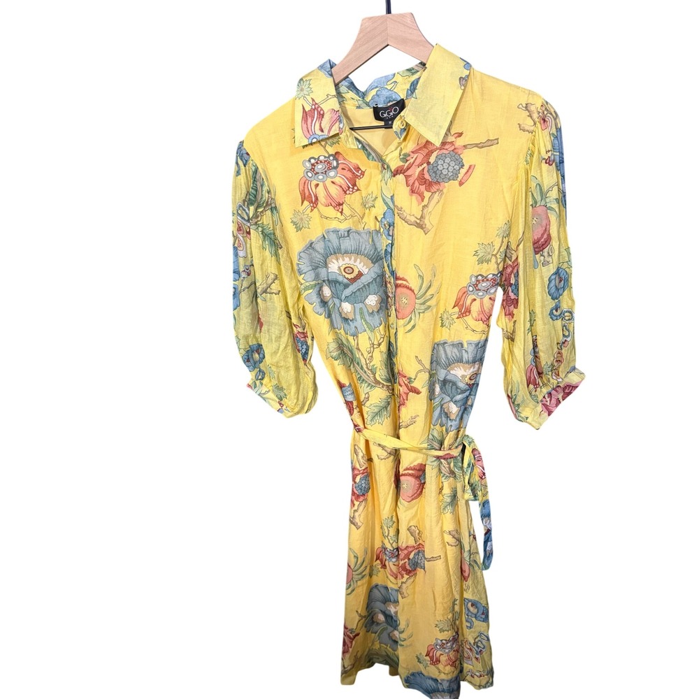GIGO USA Yellow Floral Print Belted Shirt Dress Women's Size Medium
